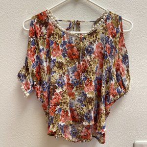 Floral Papaya Cold Shoulder Woven Flowy Crop Top